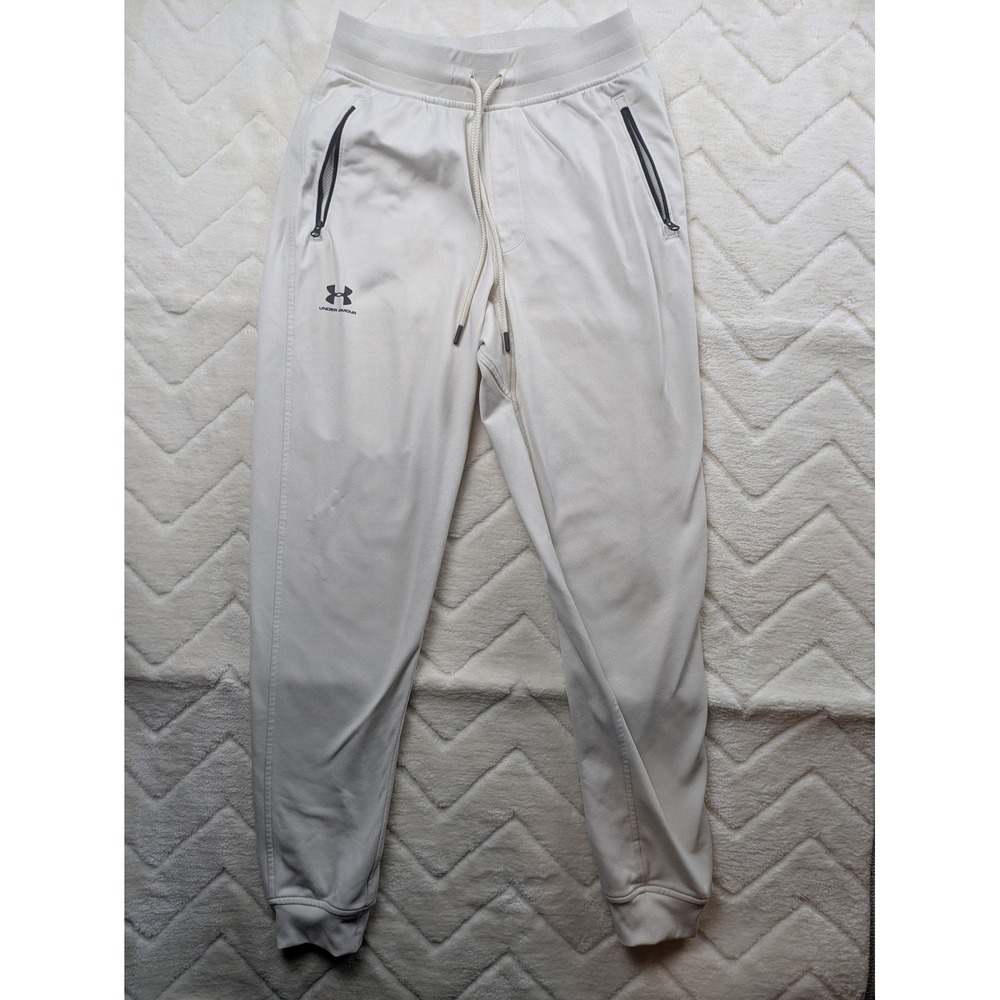 Under Armour Mens Jogger Sweatpants Small Cream Off White Zipper Pockets Loose